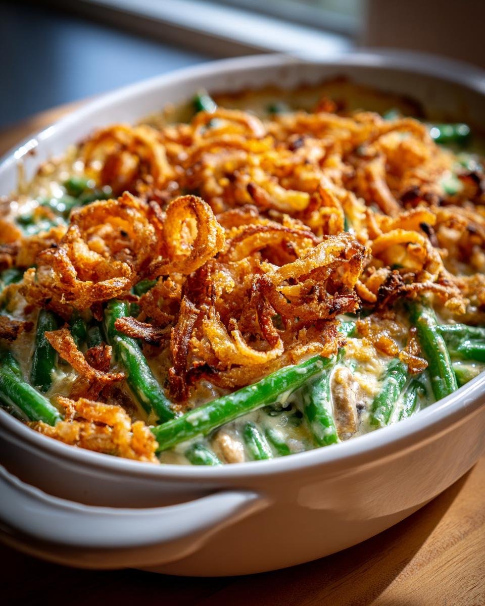 green bean casserole with crispy onions - detail 2