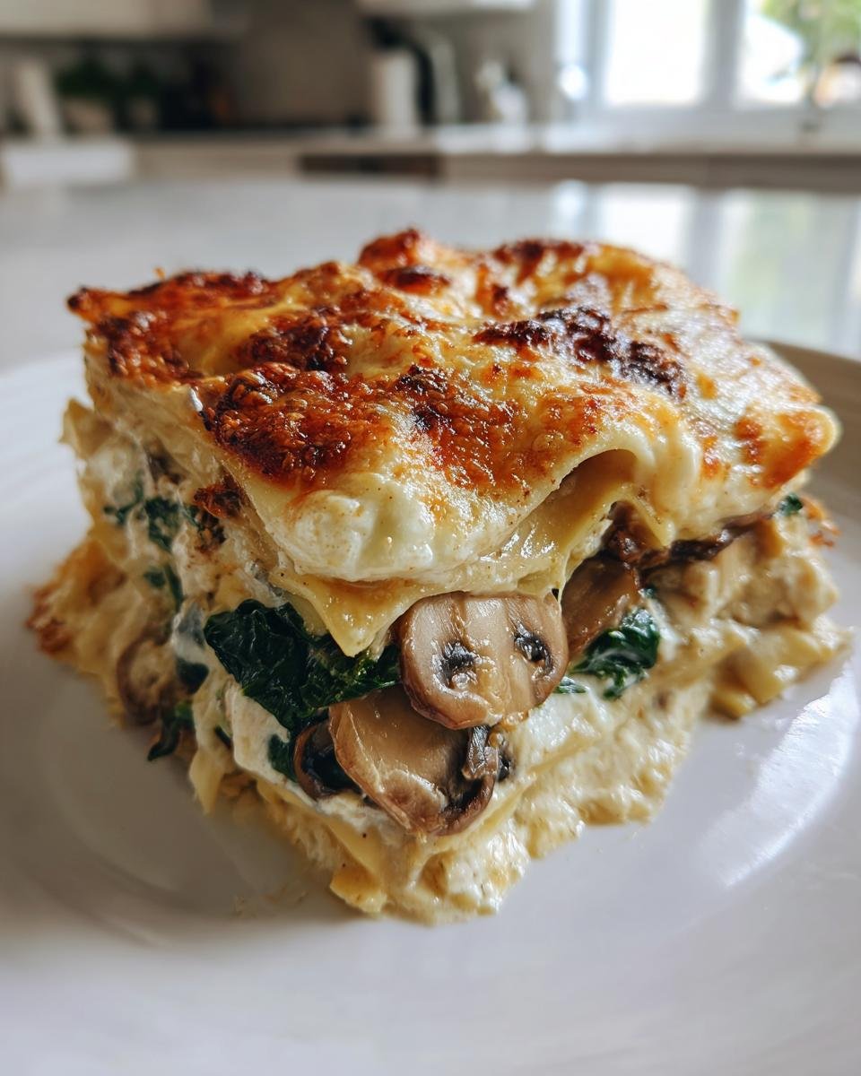 spinach mushroom white lasagna - detail 2